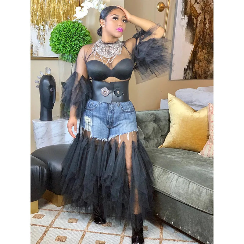 NEW Arrivals XL-5XL Plus Size for Chubby Women Spring Summer Clothing Black Mesh Patchwork Irregular Wedding Guest Long Dress Sexy See Through Evening Party Dress