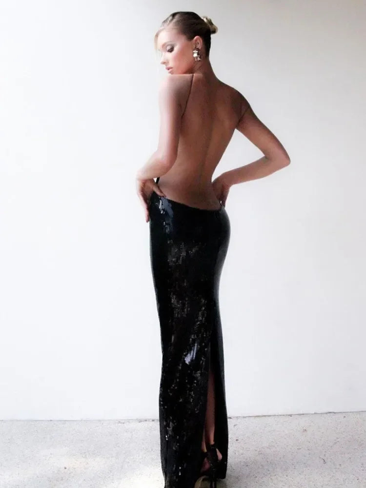 BRAND NEW UK Size Sexy Luxury Black Silk Maxi Dress Women Spring Summer Backless Halter Mesh Sequins Long Silk Gowns Dress Red Carpet Celebrity Wedding Guest Evening Party Club Dress