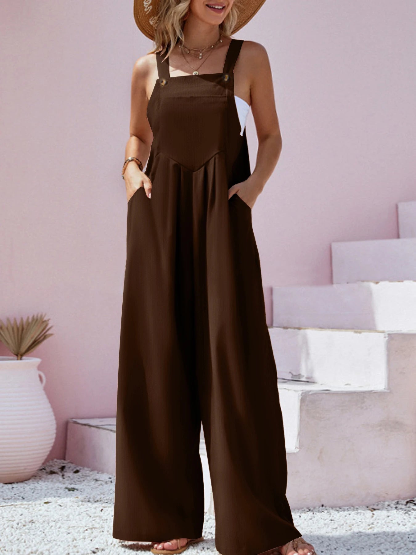 Plus Size Spring/Summer New Ethnic Style Fashion Solid Color Wide Leg Jumpsuit Quick Sale European and American Women's Cross