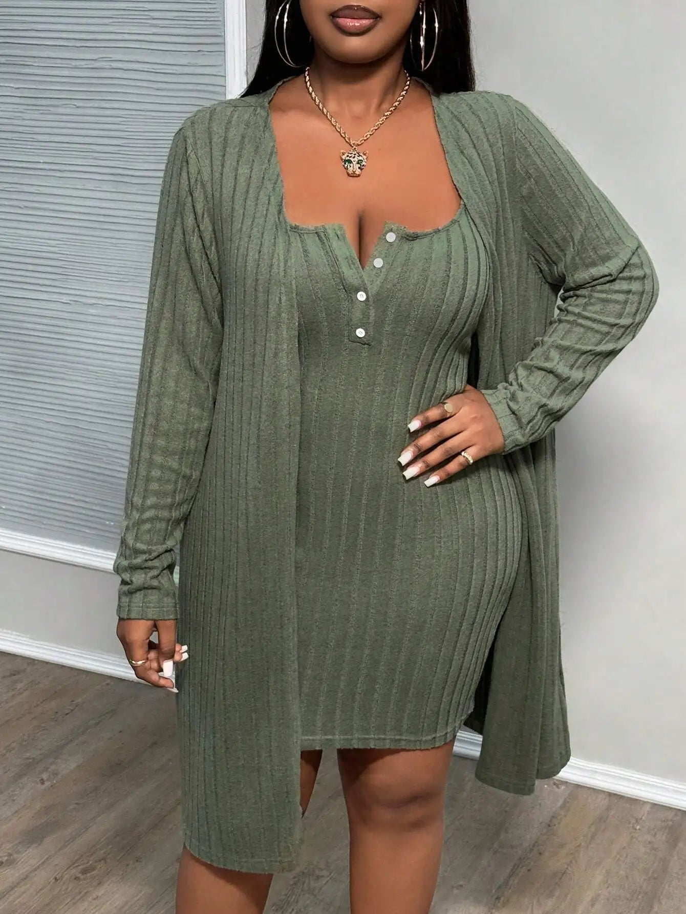 NEW Arrivals 2PCS Set XL-3XL Plus Size Ribbed Chubby Women Elegant Solid Mini Dress Female Casual Long Coat Spring Autumn Evening Party Matching Set