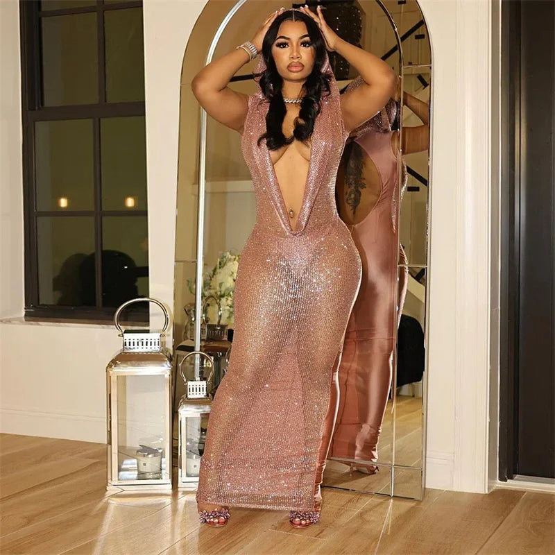 NEW Arrivals S-2XL Pink/Gold/Red Color Sexy Deep V-Neck Hooded Party Long Dresses Women Nightclub Prom Mesh See Through Sleeveless Glitter Sequined Bodycon Maxi Dress