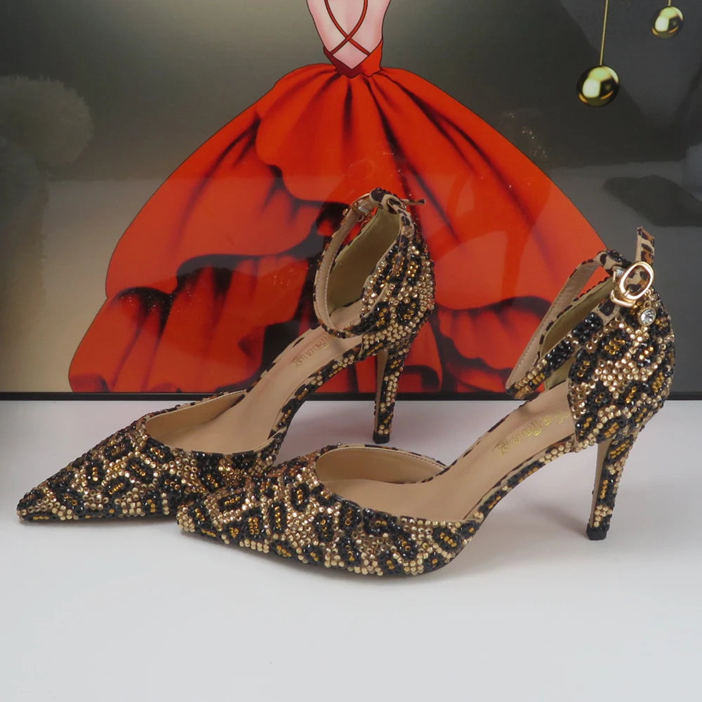NEW Arrivals Luxury Fashion Pointed Toe Leopard Bridal Shoes Set with Bags Evening Wedding Party Night Business Dinner Summer Sandals Woman Ankle Strap Buckle Shoes Bag Thin High Heels Ladies Luxury Fashion Clothing Supplie