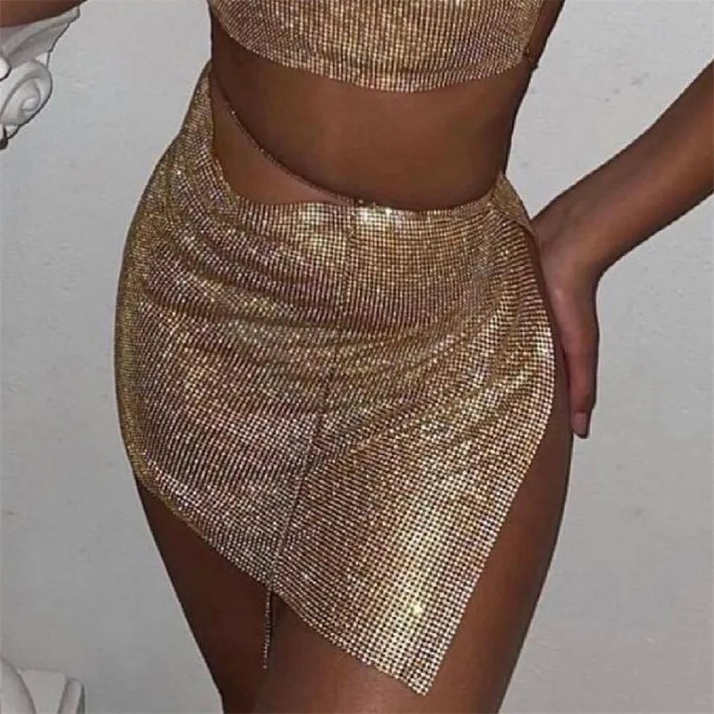 NEW Arrivals 6 Colors Glitter Rhinestone Metal Chain Mini Sexy Skirt For Women Sexy Side Slit See Through Party Skirt Rave Festival Outfits