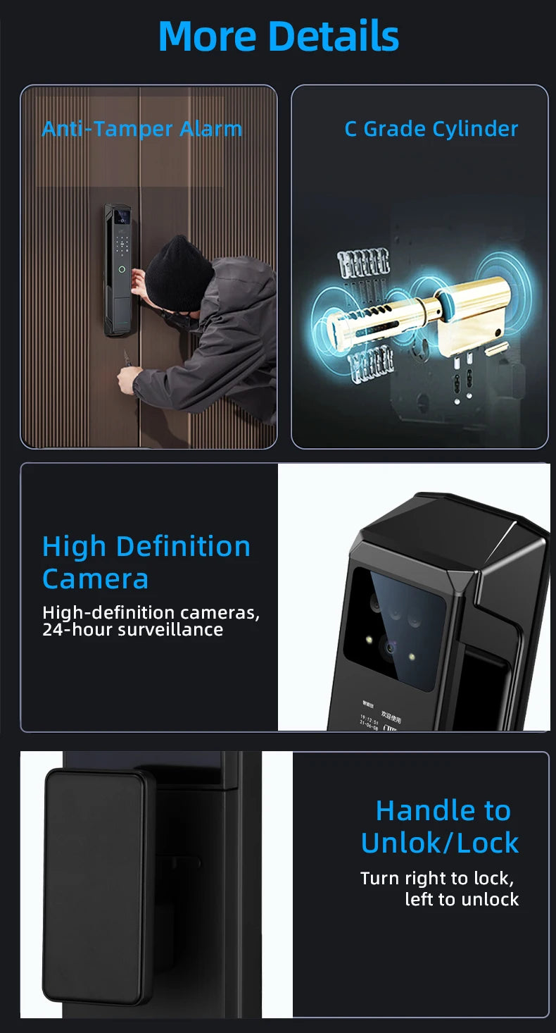 NEW Arrivals P8 TUYA App Wi-Fi Smart Lock, 21 Languages, Remote Video Call Intercom, Face-Palm IC Card Unlock, Black/Gray Anti Theft Top Quality Security System Home Apartments Office Security Supplies