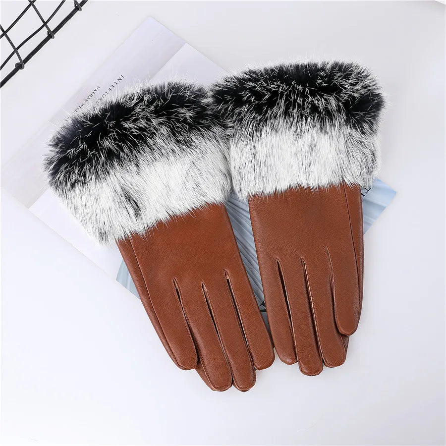 New Arrivals Women's Luxury Real Sheepskin Leather Gloves With Real Natural Rabbit Fur Cuffs Female Formal Evening Party Business Dinner Warm Gloves Fleece Lining Touch Screen Gloves Ladies Luxury Fashion Apparel Accessories
