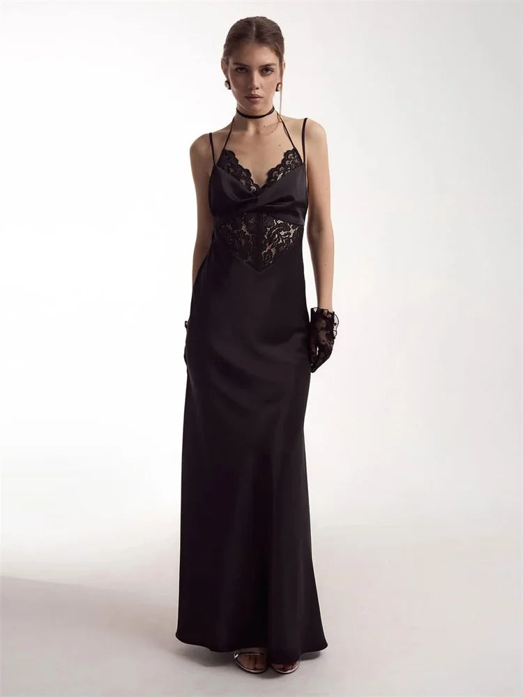 NEW Black/White Color Sexy Lace Hollow Out Maxi Dress Female Backless Spaghetti Slim V-Neck Hollow Out Commute Dress Summer Halter Dresses