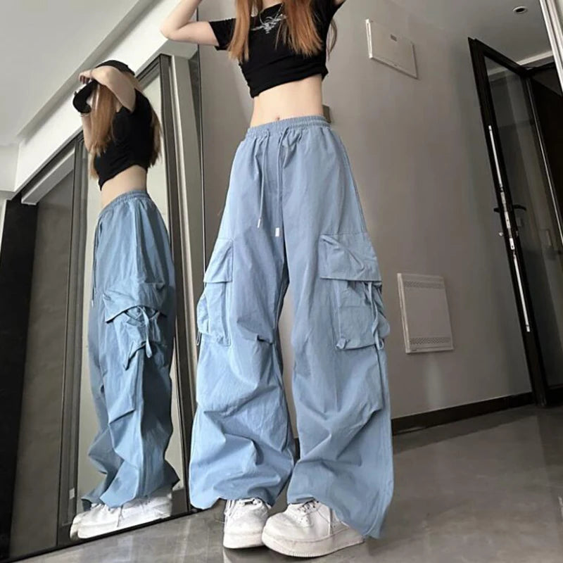 Zoki Hip Hop Y2K Cargo Pants Women Streetwear Harajuku Big Pockets Casual Trousers Korean Loose High Waist Design Solid Pants Z