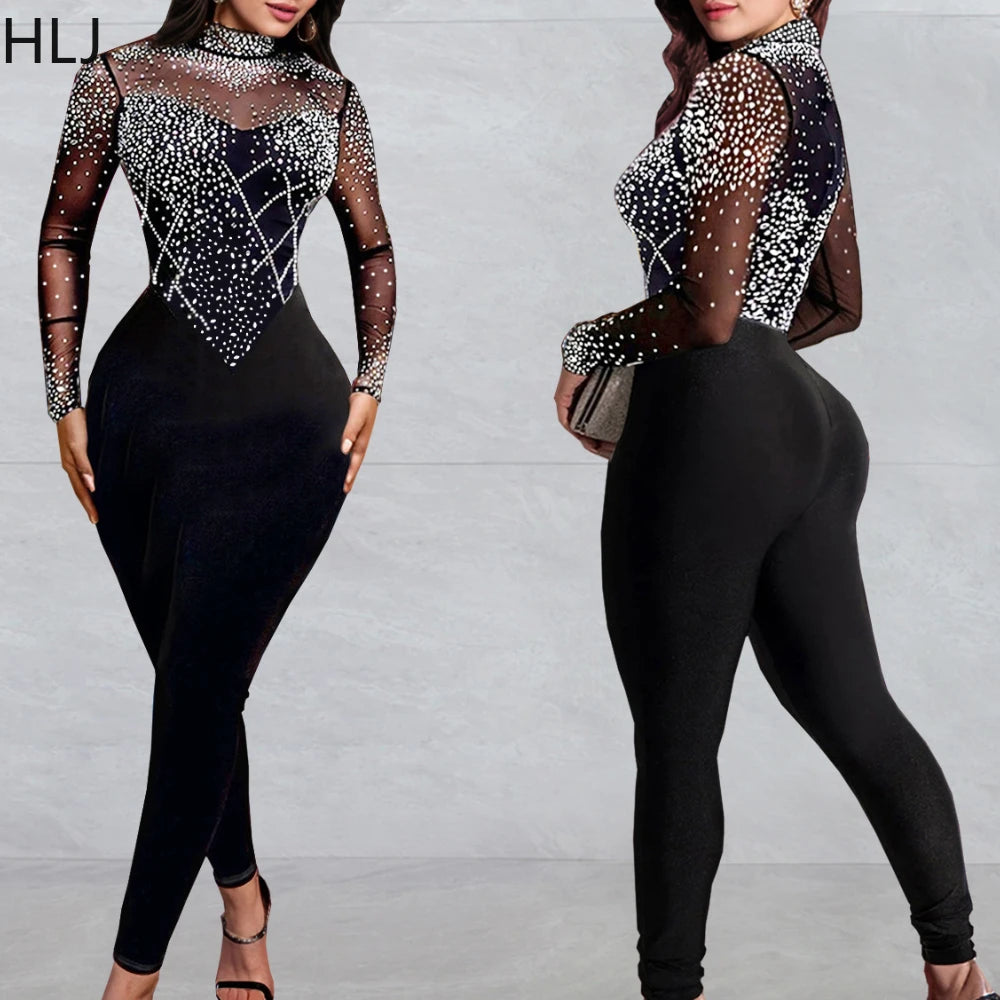 Low-Price Sales are Limited NEW S-2XL Black/Apricot Rhinestones Mesh See Though Bodycon Evening Night Club Party Jumpsuits Women Round Neck Long Sleeve Slim Playsuits Sexy Overalls Girls Ladies Luxury Fashion Clothing Supplie