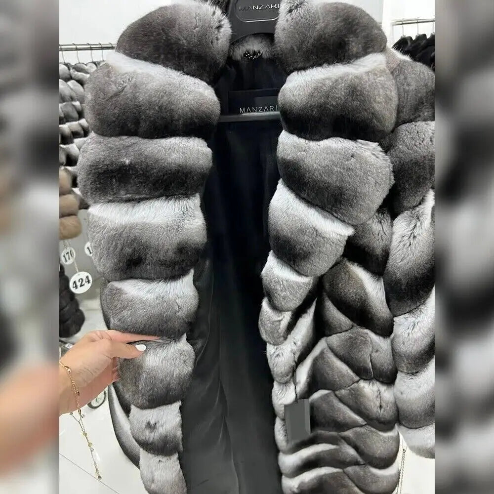Low-Price Sales are Limited S-3XL Luxury Original Chinchilla Fur Coat Women's Long Real Rex Rabbit Fur Overcoat Fashion Winter Warm Outerwear Genuine Fur Jacket Female Ladies Winter Luxury Fashion Clothing Products