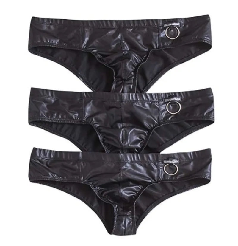 3PCS/Lots Mens Faux Leather Briefs Lingerie G-string Thongs Underwear Sexy Low Rise Bikini Convex Pouch Underpants Boxer Panties