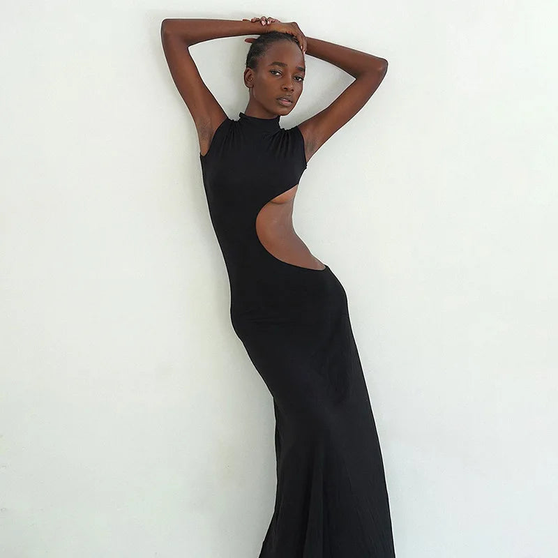 NEW Arrivals Black Cryptographic Sexy Cut Out Maxi Dress Outfits for Women Elegant Club Party Bodycon Sleeveless Tank Dresses Summer Beach Bar Party Night Clubwear