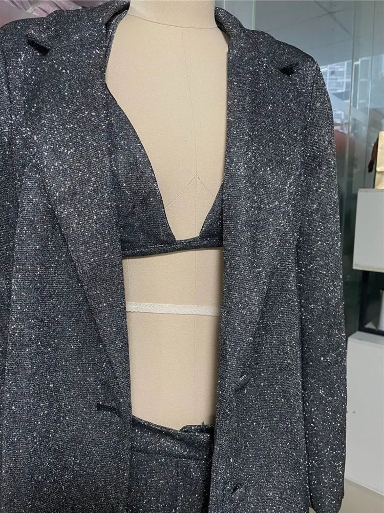 New In Sparkle Sexy Pants Sets Women Autumn Winter New Glitter Long Sleeve Blazer Bra And Trousers Femme Shiny Three Piece Set