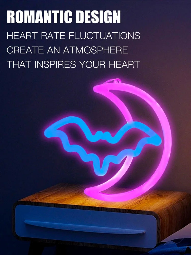 NEW Arrivals 1PC Moon Bat NEON Light, LED Wall Sign, Battery/USB Powered, for Bedroom, Party, Wedding, Birthday Game Room (Batteries Excluded) Home Romantic Decoration Accessories