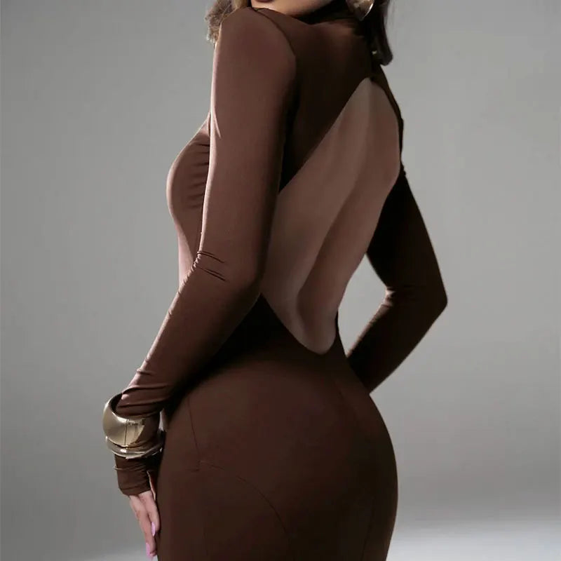 NEW Arrivals Brown/Khaki Color Long Sleeves Women's Evening Dress Elegant Party Spring Autumn Winter Sexy Backless Dress Streetwear Fashion Casual Slim Turtleneck Brown Dress
