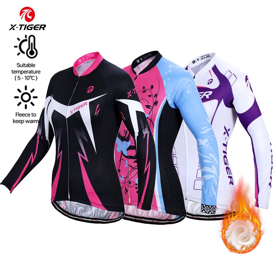 NEW Arrivals S-3XL Plus Size X-TIGER Women's Winter Thermal Cycling Jersey -5-10℃ Outdoor Sports Warm Fleece Fabric Long Sleeve Sportswear with Back Storage Pockets