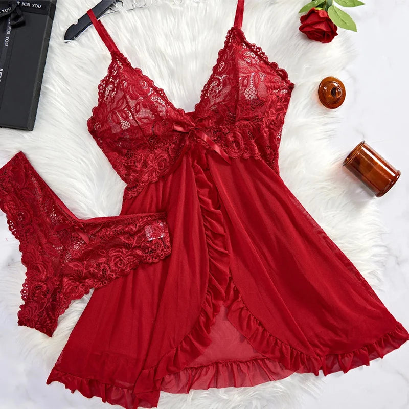 NEW Arrivals 2PCS Set Black/ Pink/Wine Red Color Transparent Sexy Lingerie Women Panties See Through Sleepwear Lace V Neck Nightdress And Thong Sets Female Underwear Briefs Set