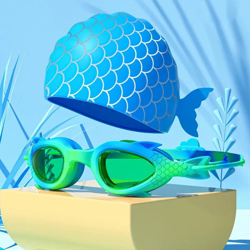 NEW 2PCS Set 4 Colors Children Kids 3-18 years old Swimming Goggles Waterproof Anti Fog High-Definition Small Frame Goggles Professional Training Kid's Swimming Goggles Caps Set