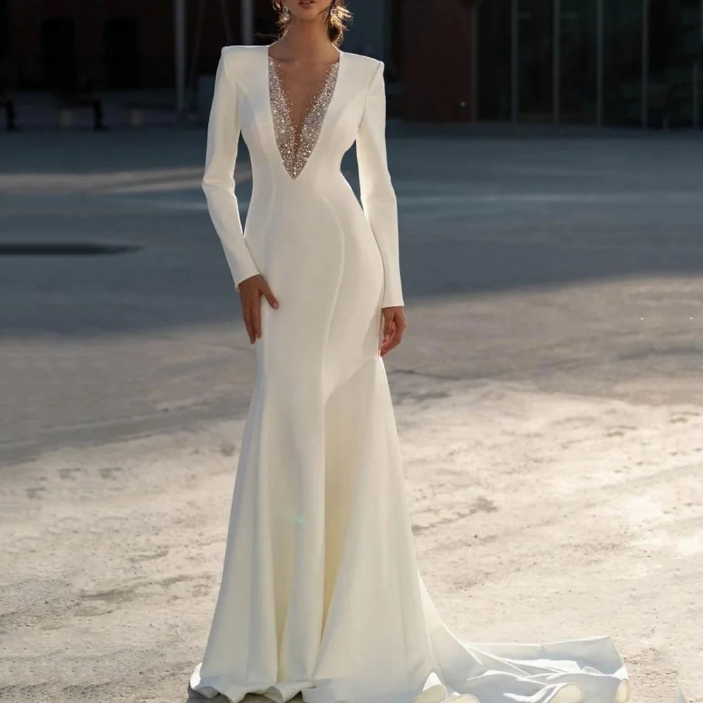 Low-Price Sales are Limited NEW Arrivals High Quality Elegant Mermaid Wedding Dress Shiny Full Sleeve V-Neck Vestidos De Novia Modern Sweep Train Wedding Gowns For Bride Ladies Luxury Fashion Supplies