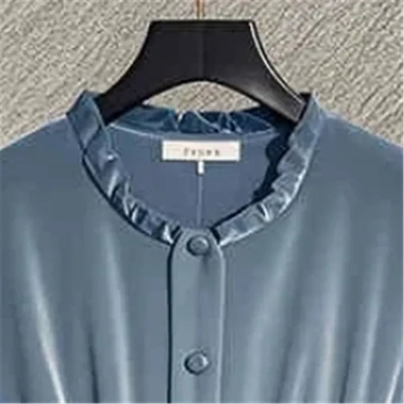NEW Arrivals M-3XL UK Plus Size Blue/Brown French Light Luxury Blue Velvet Blouse Spring Autumn Winter Ruffle Collar Top Women Design Slim Waist Shirts Office Lady 571P