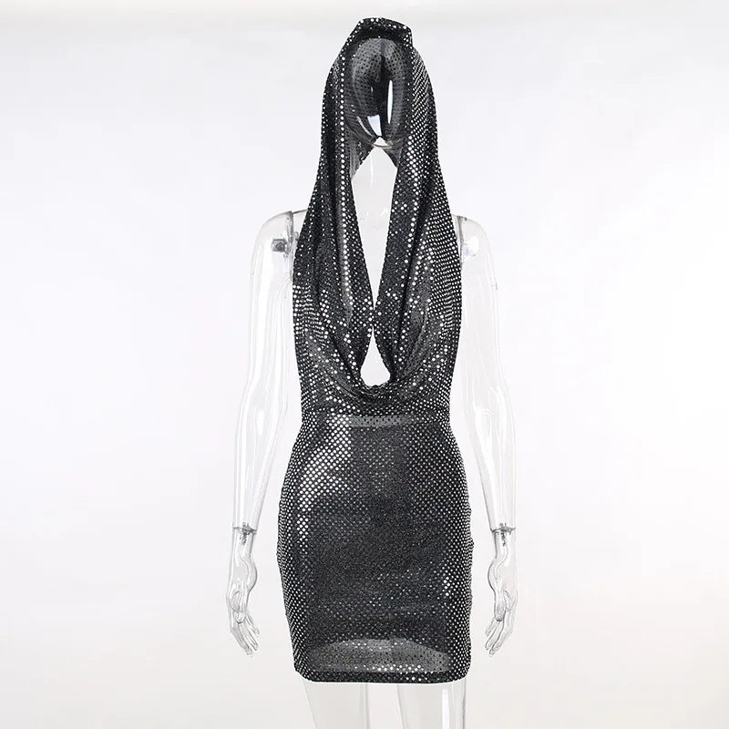 BRAND NEW Shiny Sexy Hooded Halter Neck Black Dress New Spring Summer Women Clothes Backless Night Club Outfit Party Bodycon Dress Evening Beach Party Dress