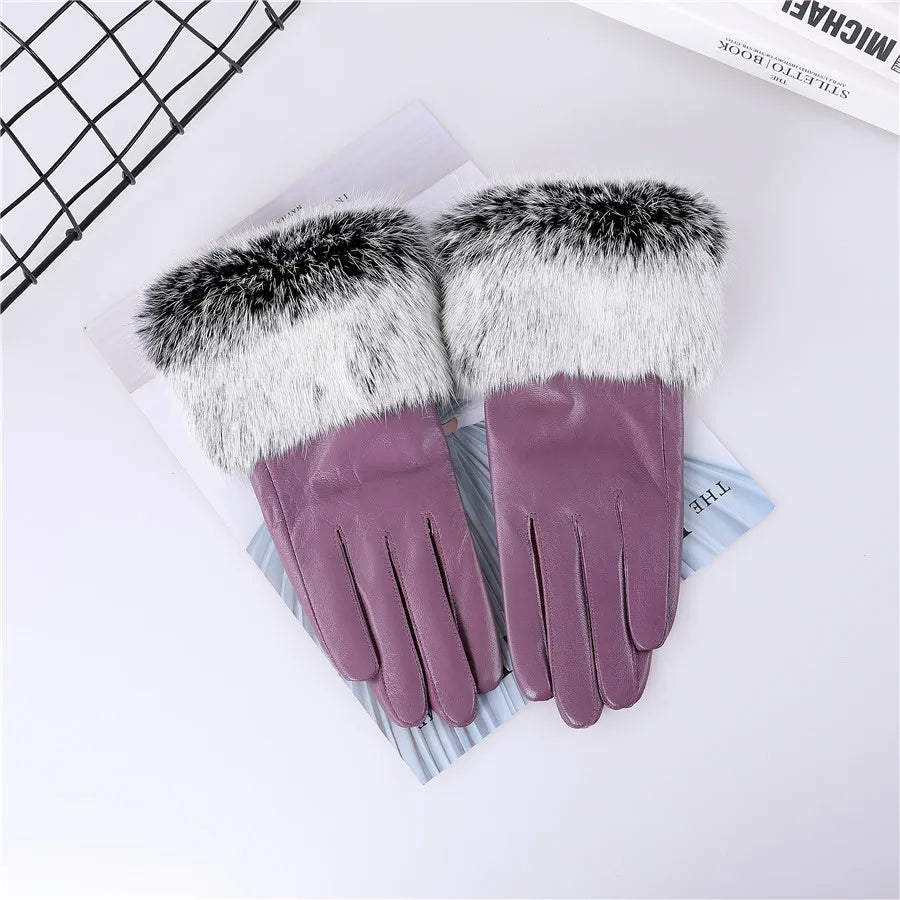 New Arrivals Women's Luxury Real Sheepskin Leather Gloves With Real Natural Rabbit Fur Cuffs Female Formal Evening Party Business Dinner Warm Gloves Fleece Lining Touch Screen Gloves Ladies Luxury Fashion Apparel Accessories