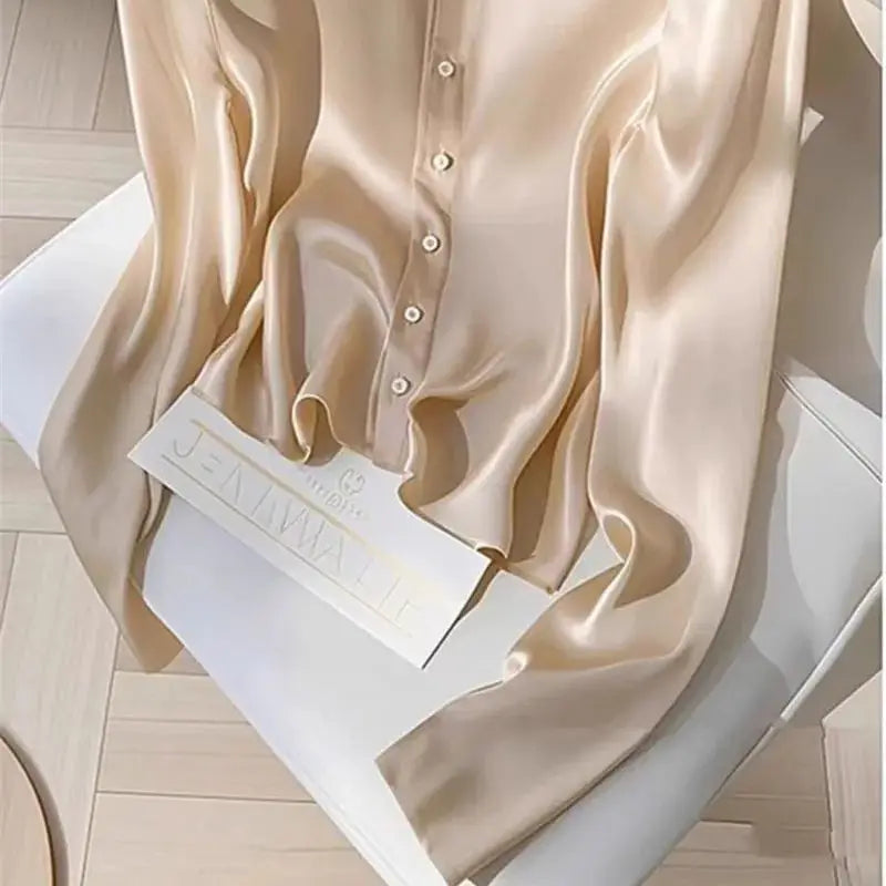 NEW Arrivals M-2XL UK Size Luxury French Acetate Blouse Spring Autumn V-Neck Sequined Shirt for Women Long Sleeve Champagne Female Top Light Luxury 513P