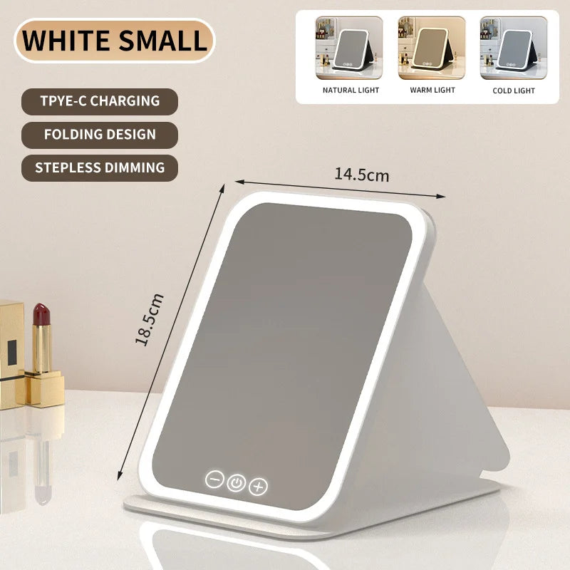 NEW Arrivals LED Dimmable Makeup Mirror 3 Colors Light Modes Adjust Brightness USB Charing Fold Mirror Tabletop Vanity Mirror for Travel Home Cosmetic Accessories