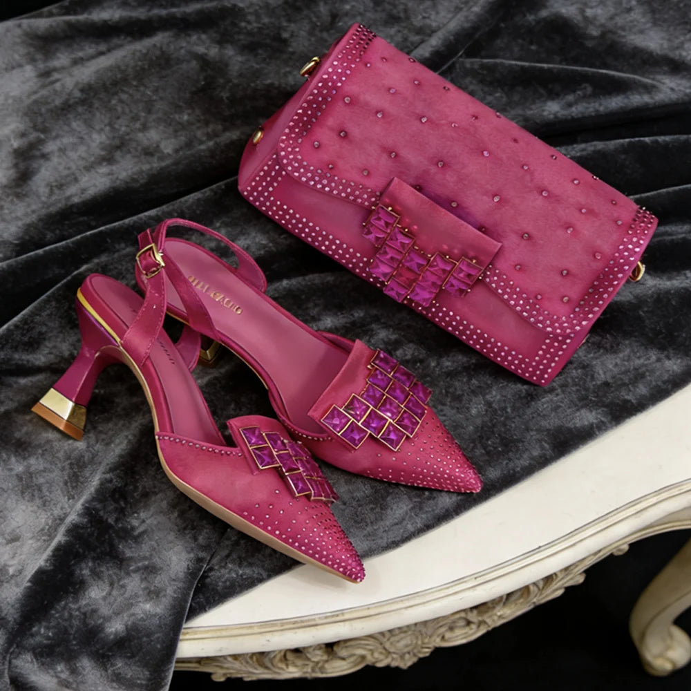 7 Colors Luxury Stylish Rhinestones High Heel Shoes & Matching Handbag - Elegant Pointed-Toe Footwear for Women, Ideal for Parties