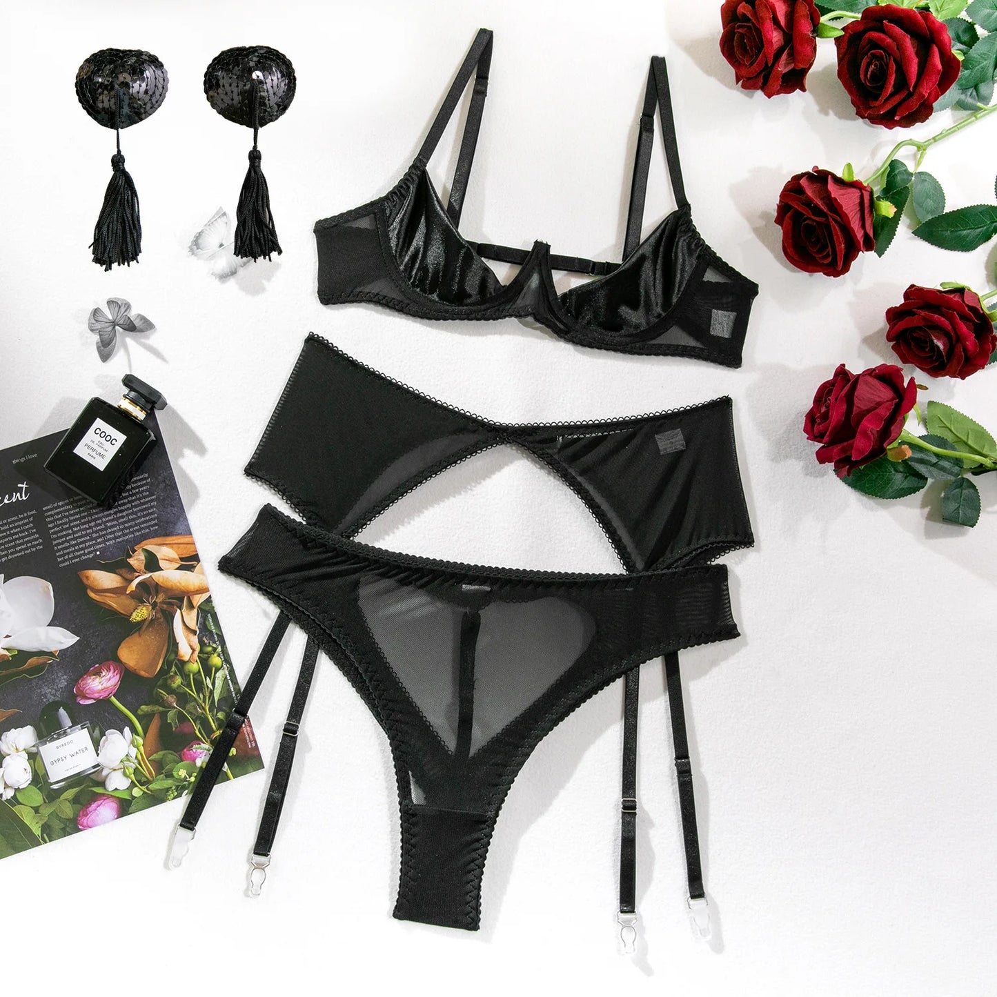 Yimunancy Tassel Lingerie Set Women 4-Piece Mesh Erotic Bra + Back Open Panty Underwear Set Sensual Intimates