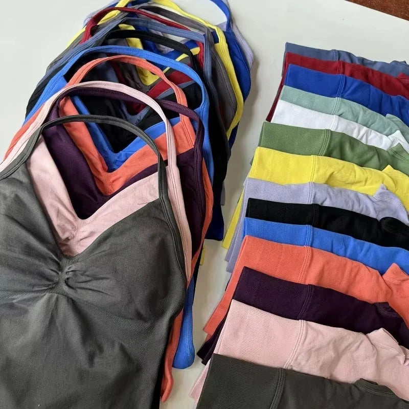 NEW Arrivals 2PCS Set 10 Colors Padded Sleeveless T-Shirt with Halter Collar Hip Pants Summer Sportswear Women Fitness Yoga Pilates Suit Outdoor Hiking Running Sports Clothes