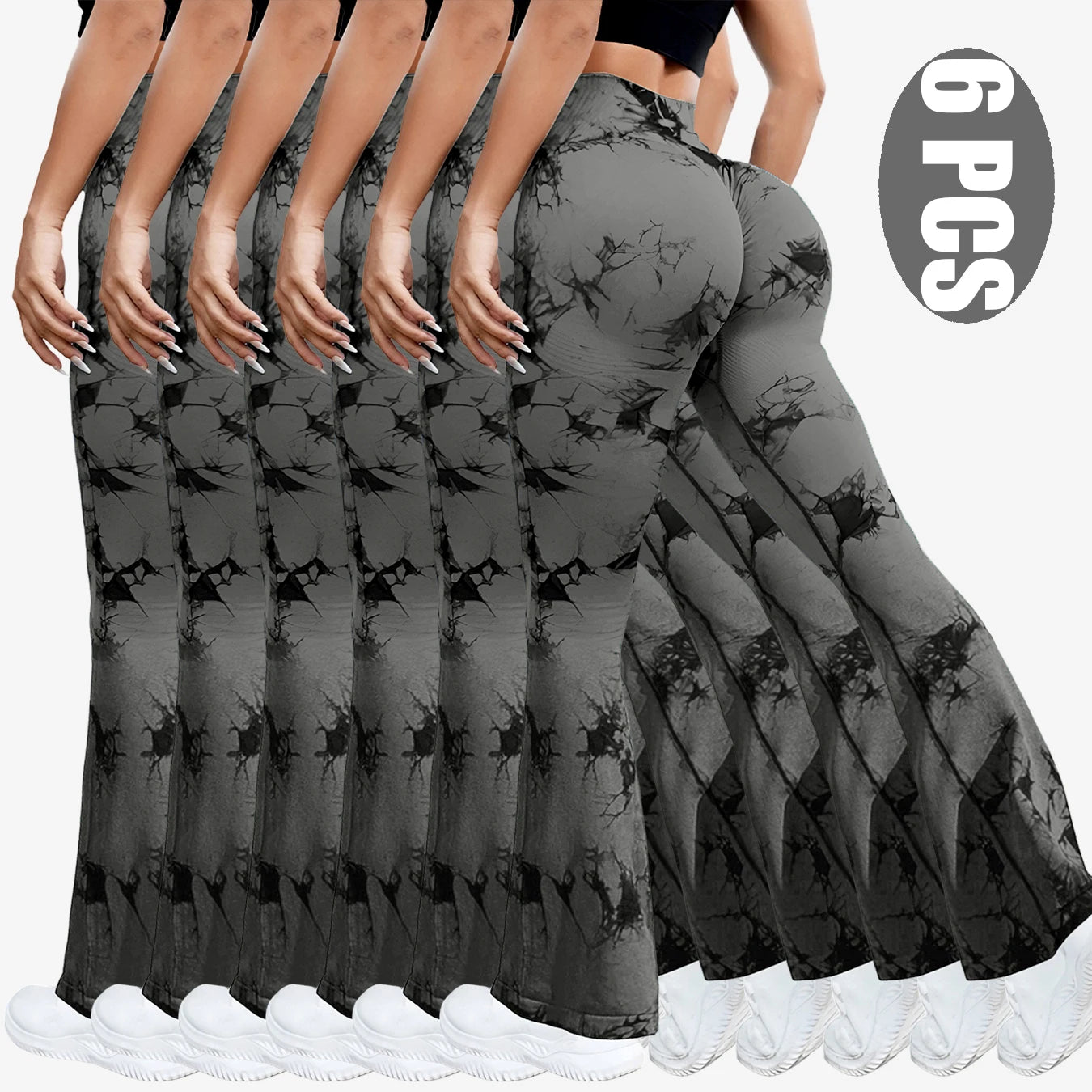 NEW Arrivals 6PCS Set Tie Dye Seamless Yoga Pants Flared Trousers High Waist Butt Lifting Sportswear Women Gym Training Fitness Sports Pants