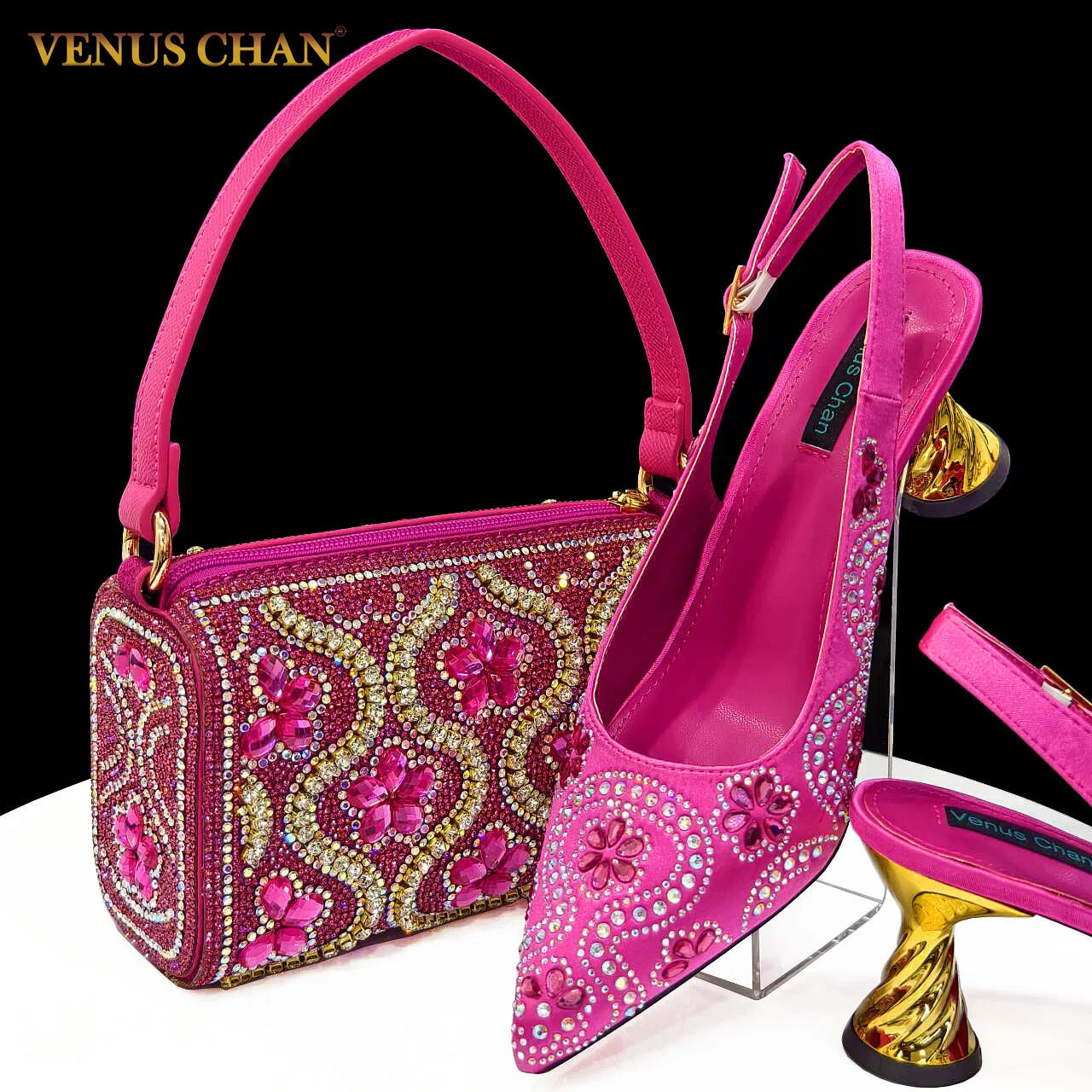 Newest 8 Colors INS Style FUCHSIA Color Elegant Low Heels Nigeria Popular Design African Ladies Shoes And Bag Set for Wedding Birthday Party Night Business Dinner Ladies Luxury Fashion Apparel Accessories Shoes Products