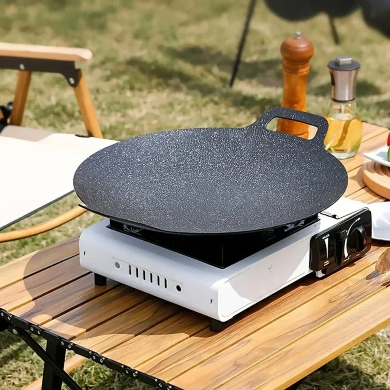 NEW Arrivals 32cm Non-Stick Roasting Pan Cast Iron Double Handled Crepe Stake Pan Round Griddle Grill Pan for Camping BBQ Round BBQ Griddle with Handle Kitchen Cooking Accessories Home Supplies