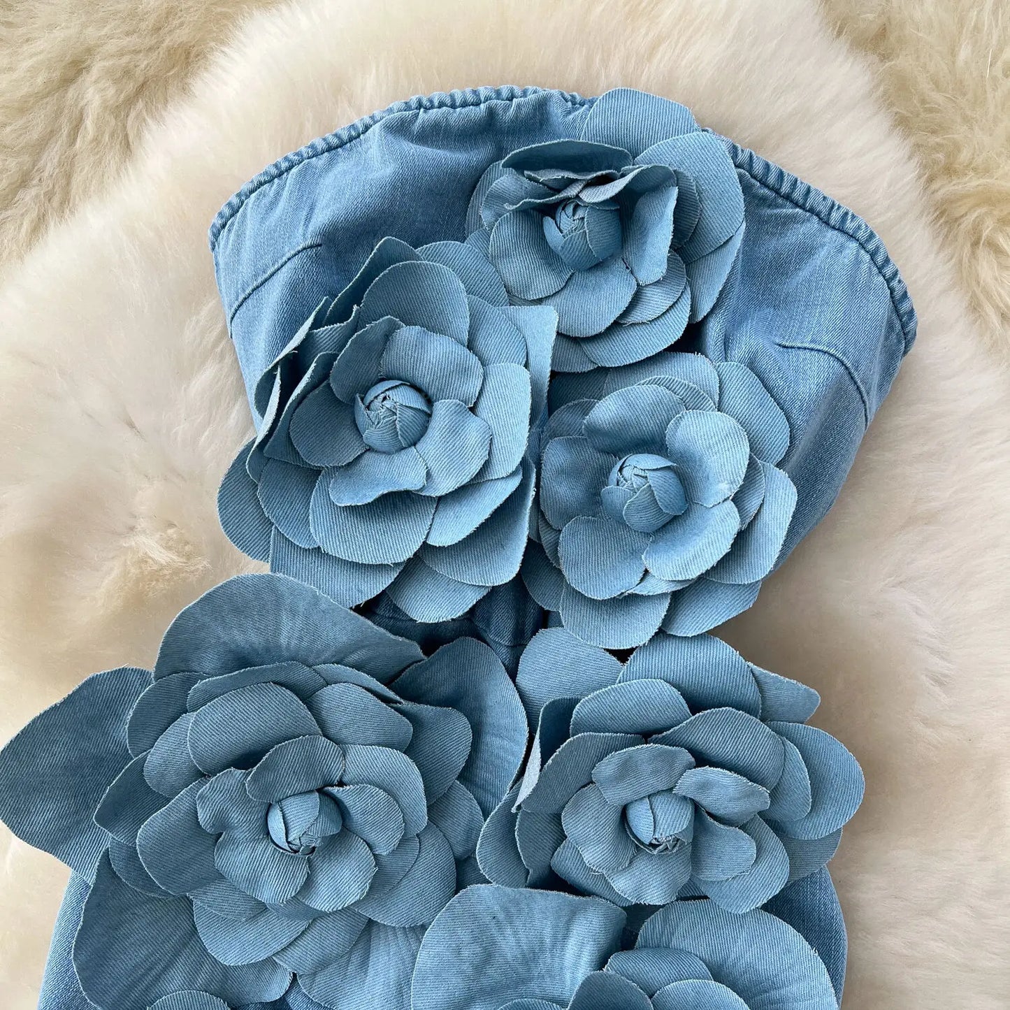 NEW Arrivals S-2XL UK Plus Size Elegant 3D Flower Rose Short Party Dresses Women Summer Holiday Sleeveless Strapless Corset Blue Denim Jeans Dress Mini Dress