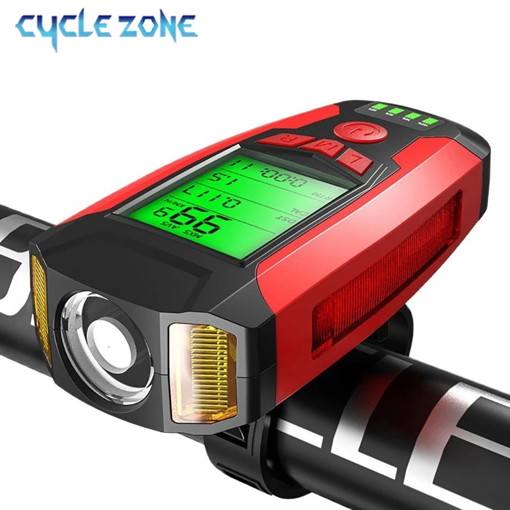 5 In 1 Bike Light With Bicycle Computer LCD Speedometer Odometer 5 Modes Horn Waterproof USB Charge Cycling Bike Lamp