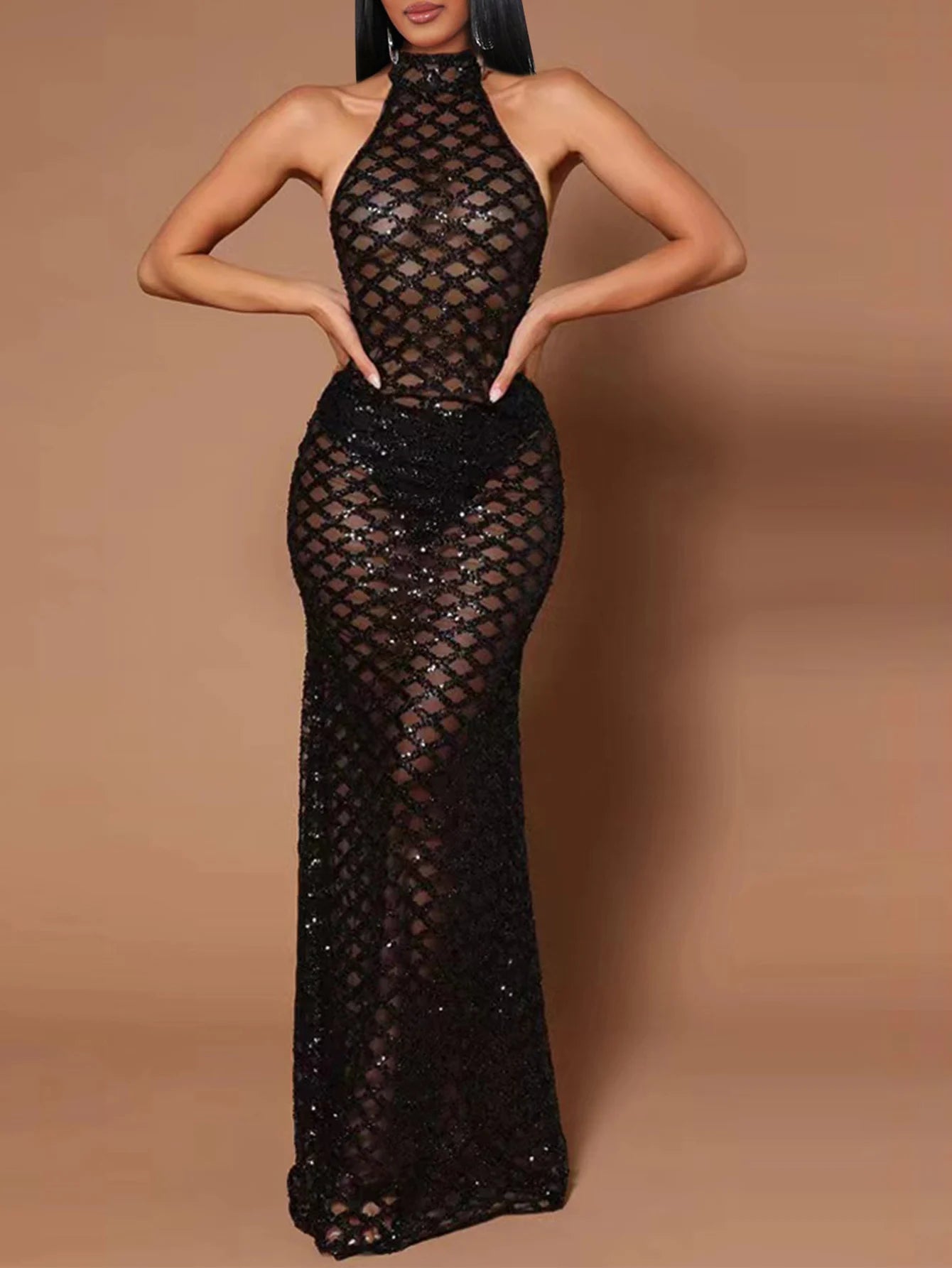 NEW Arrivals Sexy Black See Through Sequin Maxi Summer Dress Women Bodycon Evening Beach Party Nightclub Birthday Party Dress Luxury Evening Long Dresses Girls Ladies Sexy Apparel Supplies
