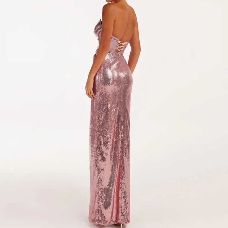 Sequined strapless evening gown in rose color with a thigh slit, Women's sexy sequin open back lace up dress long style