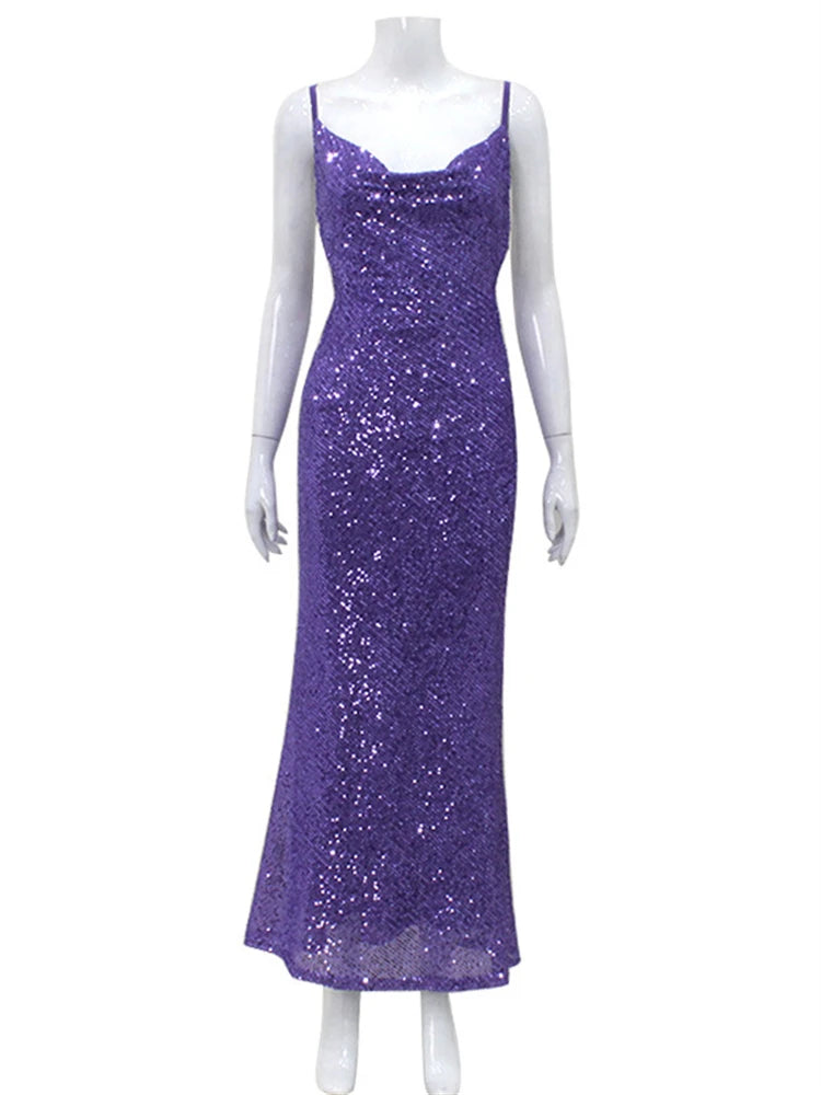 NEW Arrivals UK Size Ladies Spring Autumn Summer Bling Glitter Sequins Evening Party Luxury Purple Dress Women Sleeveless Backless Wedding Guest Birthday Party Female Luxury Maxi Dress