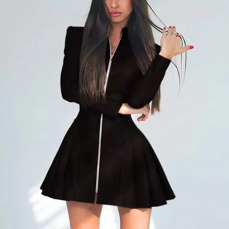 NEW Arrivals Italian Style Luxury Autumn Winter Women's Stand Collar Zipper Dress Casual Long Sleeve Waist Leather Dress Office Lady Elegant Solid Pleated Evening Party Night Club Mini Dress Girls Ladies Sexy Fashion Clothing