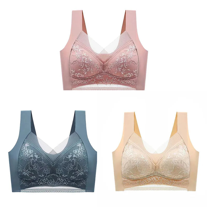 NEW Arrivals 3PCS Set L-(45-50KG) 5XL(100KG) Women Lace Bra Bralette Push Up Perspective Ice Silk Deep V Bra Sexy Lingerie Tops Plus Size Cup Mom's Underwear Chubby Ladies Underwear