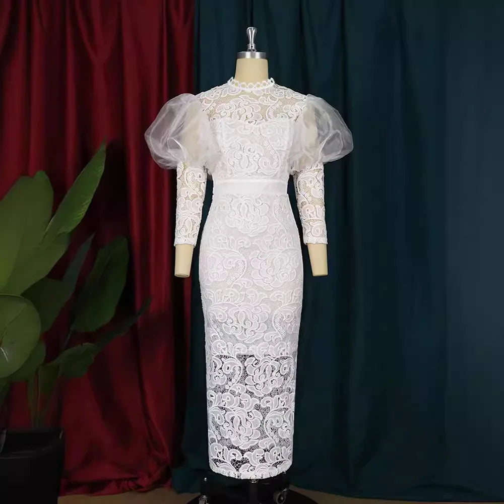NEW Arrivals UK S-3XL Size African Women Dress Long Dresses Lace Floral Slim Fit Party Puff Sleeve Round Neck Sheath Sexy Gown Tight Waist Elegant Splice Formal Gown