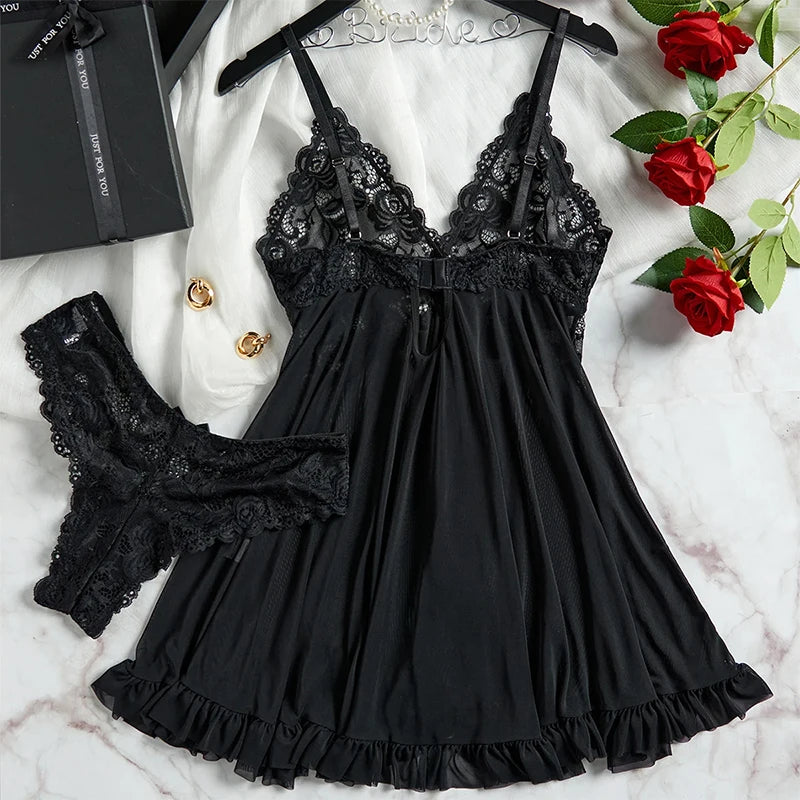 NEW Arrivals 2PCS Set Black/ Pink/Wine Red Color Transparent Sexy Lingerie Women Panties See Through Sleepwear Lace V Neck Nightdress And Thong Sets Female Underwear Briefs Set