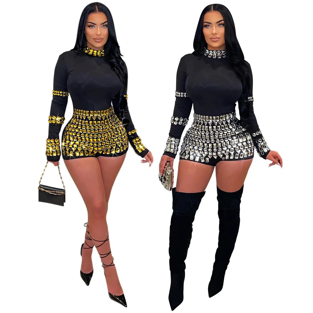 NEW Arrivals Women Ladies Diamonds Hot Rhinestones Long Sleeve Short Jumpsuits Summer Sexy Beach Party Club One Piece Suit Rompers Playsuits Female Girls Luxury Fashion Clothing Products
