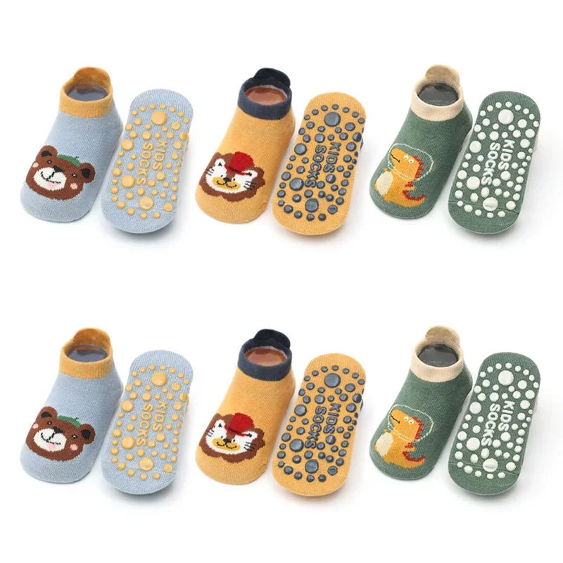 NEW Arrivals 1-3Y 6 Pairs Set Kids Cotton Anti-Slip Socks Cute Cartoon Animal Pattern Comfy Breathable Baby Non-Slip Floor Socks Babies Clothing Accessories