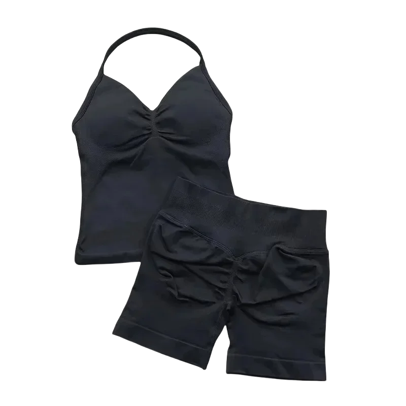 NEW Arrivals 2PCS Set 10 Colors Girls Yoga Gym Set Women's Strap Vest & Shorts Resistance Training Seamless Halter Tank Top Scrunch Butt Lifting Gym Shorts Set