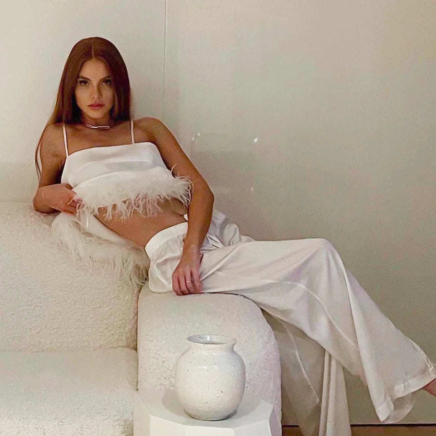 NEW Arrivals Black/White Color Satin Luxury Pajamas With Feathers Sleepwear Women Sets With Pants Black Spaghetti Strap Home Suit White Trouser Suits