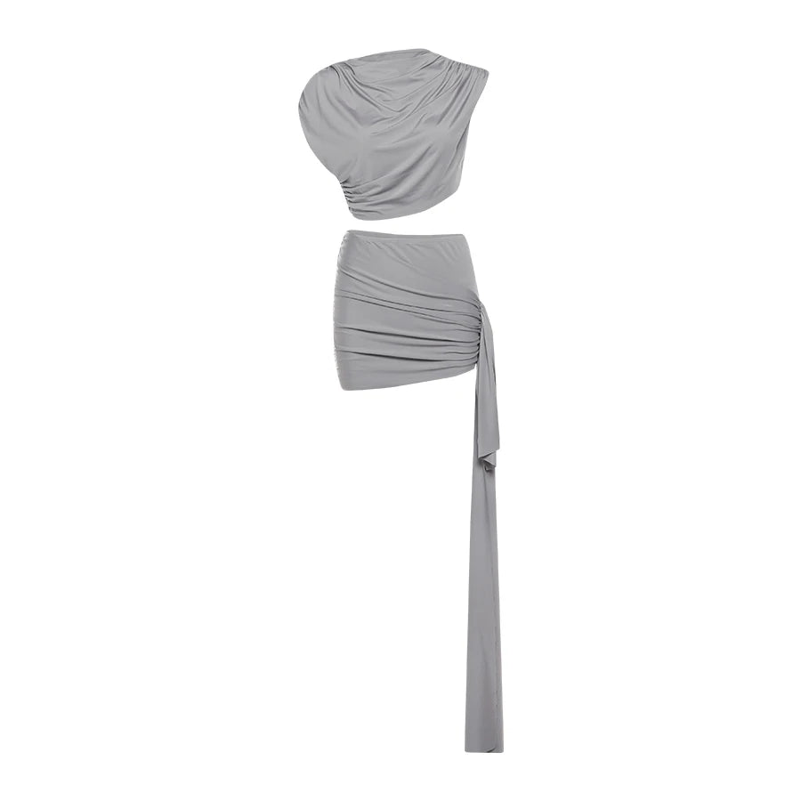 NEW Arrivals 2PCS Set Black/Gray Color Irregular Ruched Suit Women Summer Tank Tops + Side Ribbon Skirts Stretch Matching Casual Simple Street Outfits Evening Beach Bar Party Night Clubwear