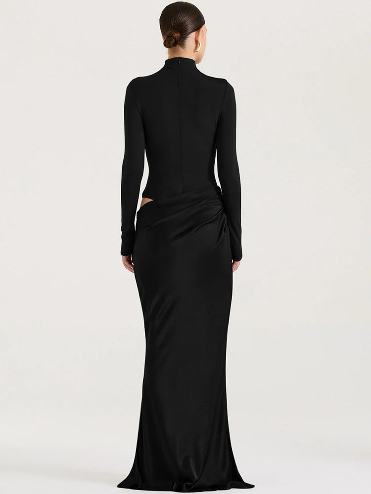 NEW Turtleneck Satin Sexy Hollow Out Zipper Women Maxi Dress Black Patchwork Long Sleeve Slim Elegant Party Evening Dress