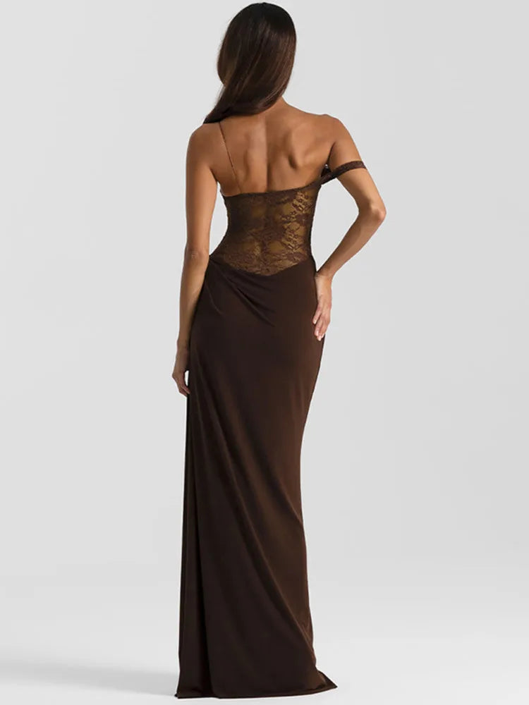 NEW Brown/Burgundy/Black Color UK Size One Shoulder Lace See Through Sexy Maxi Dress Women Gown Fashion Off-shoulder Sleeveless Backless Evening Party Club Long Dresses