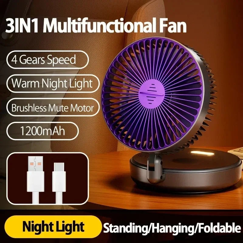 Home Office Rechargeable Table Fan Portable Air Conditioner Wall Mounted Fan 90° Folding Fan 4 Gears with Warm Night Light Home Cooling Accessories